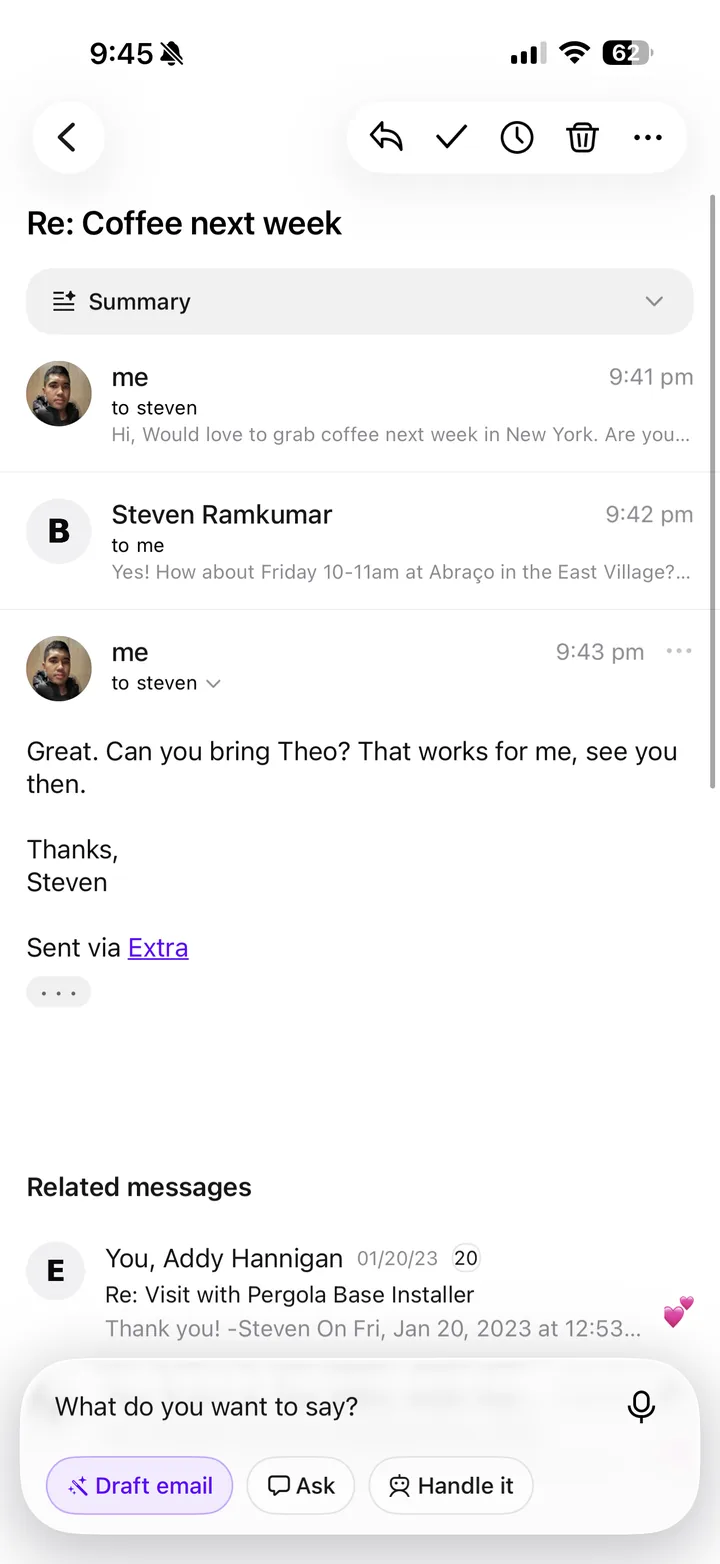 Extra drafting a reply in an email thread with Draft email selected