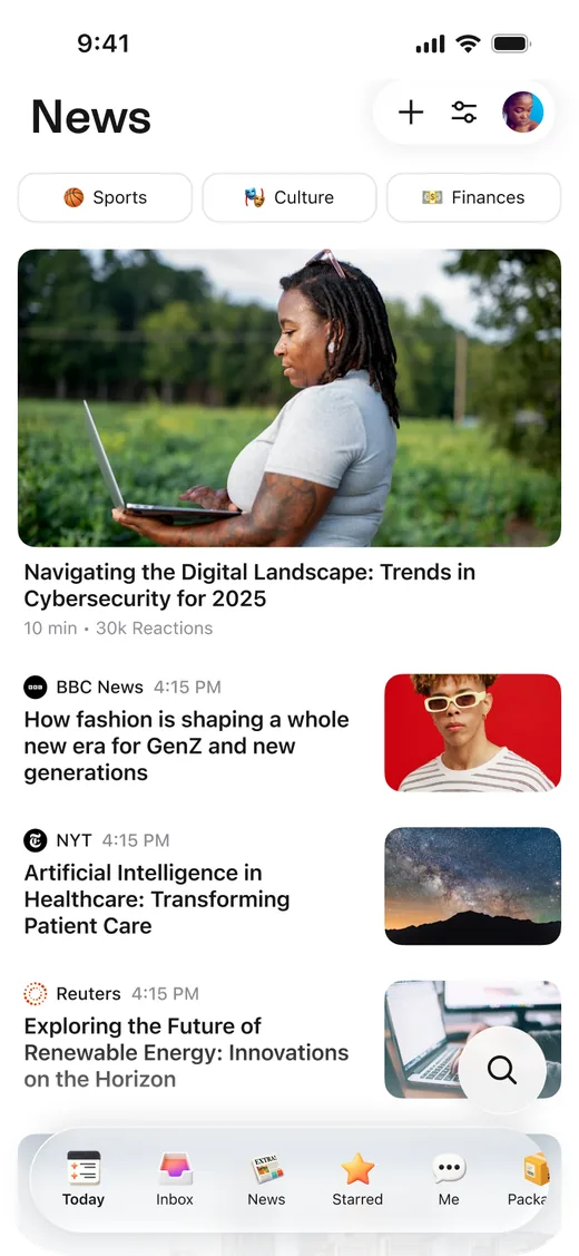 Extra News category feed showing article cards and topic filters