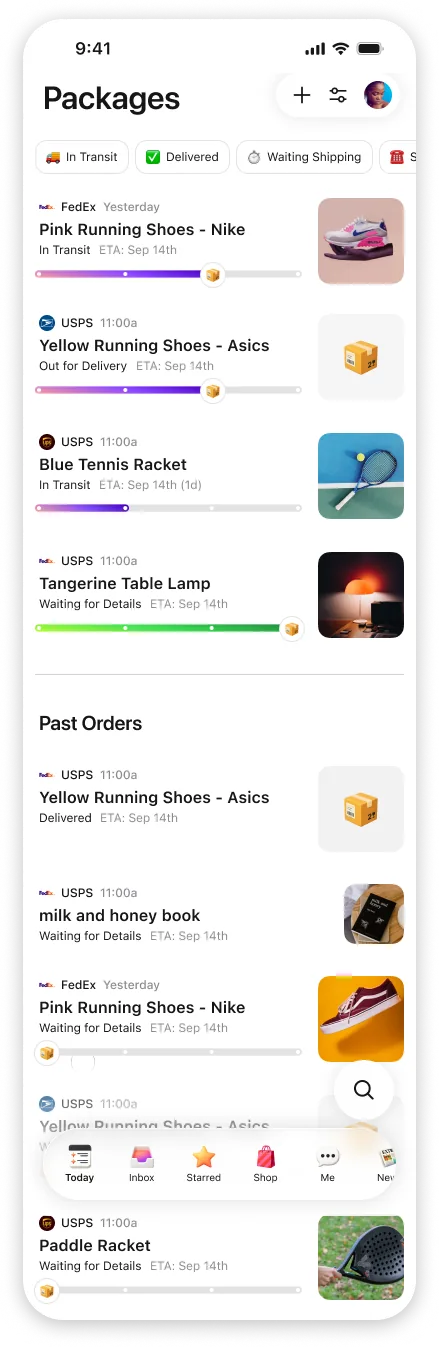 Extra Packages category feed showing delivery tracking