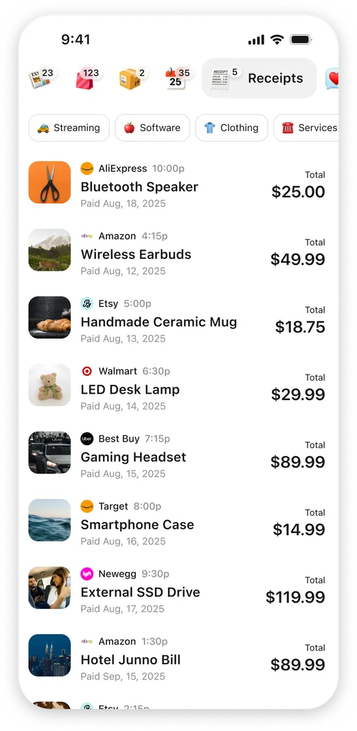 Extra Receipts category feed grouping purchases with totals