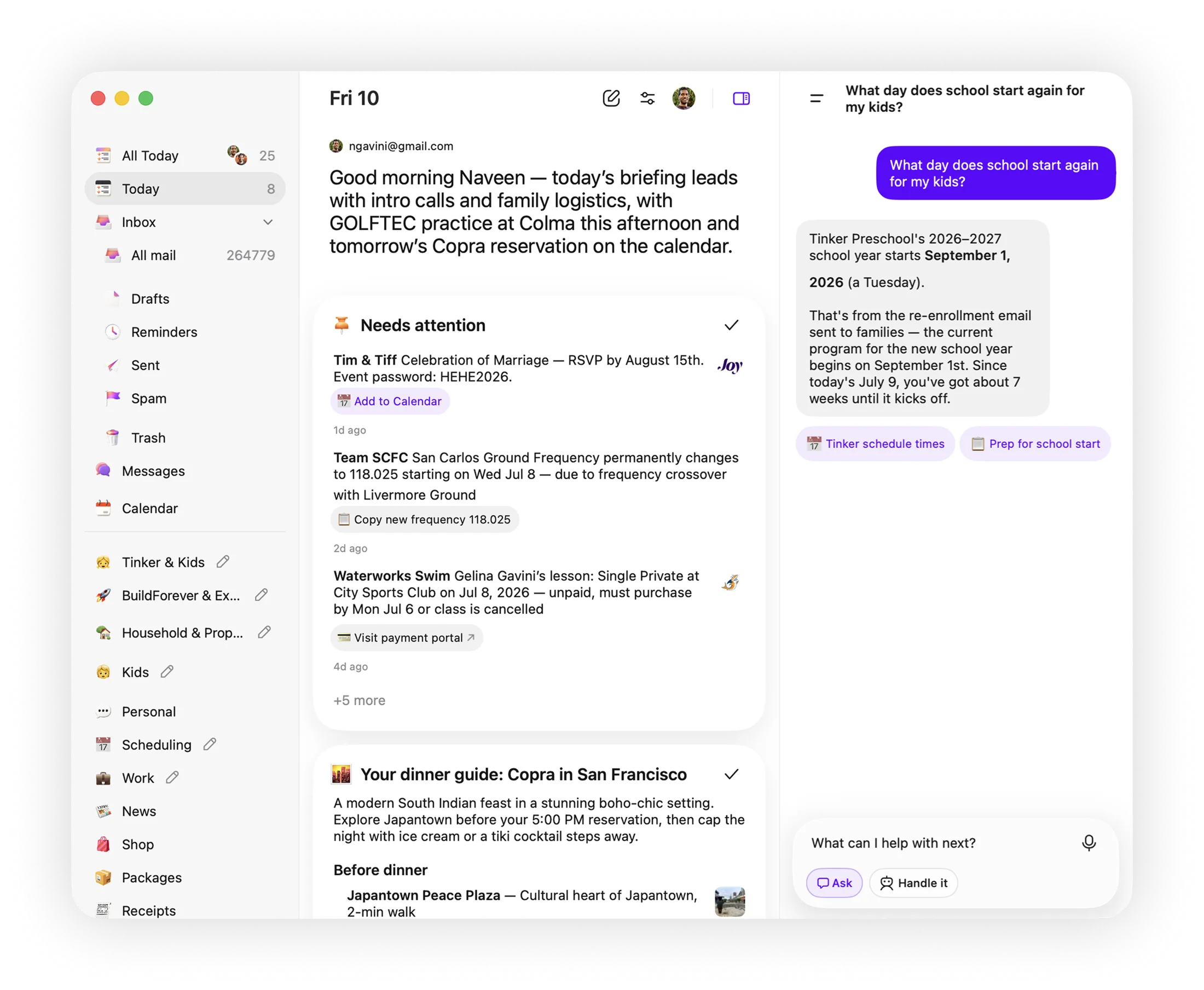 Extra for Mac with the Assist panel open, answering a question and offering Ask and Handle it actions