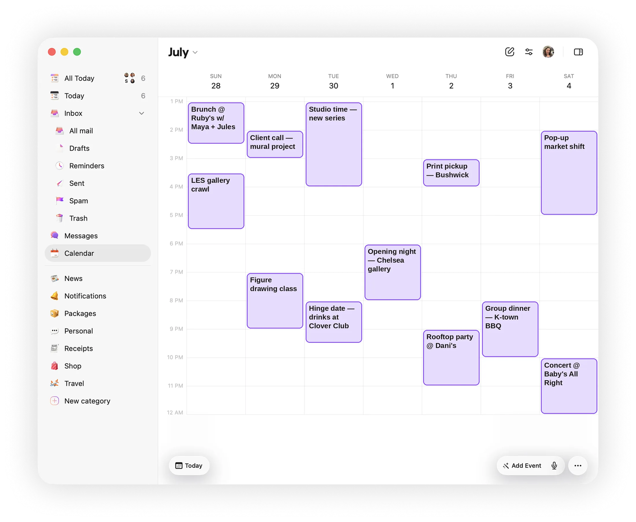 The calendar in Extra for Mac showing a full week of events