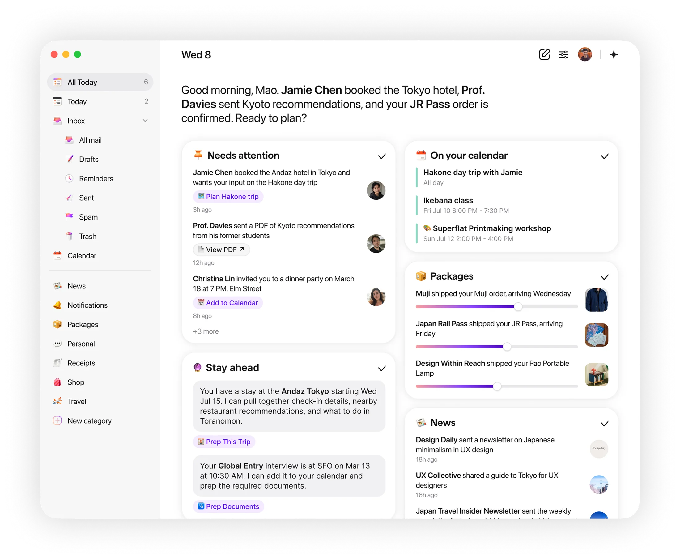 The Today feed in Extra for Mac showing a day summary, needs-attention items, calendar, packages, and news
