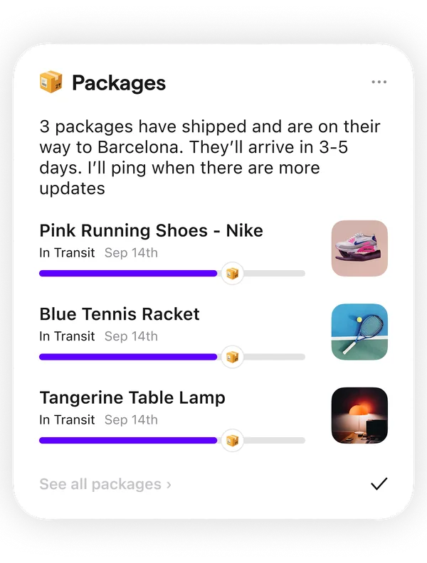 Extra's packages card summarizing shipped deliveries and tracking progress