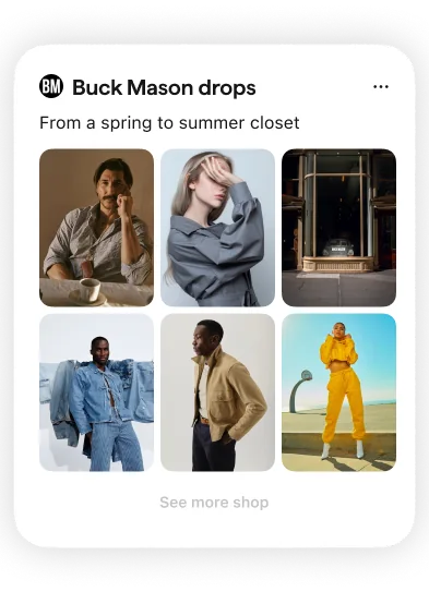 Extra's shopping card showing a Buck Mason drop with product images