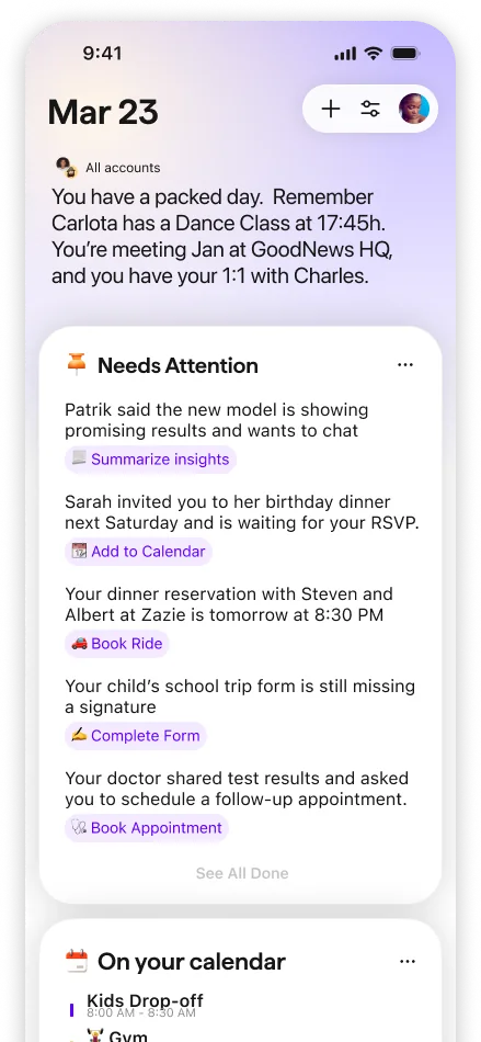 Extra's Today tab showing the daily summary greeting and your calendar